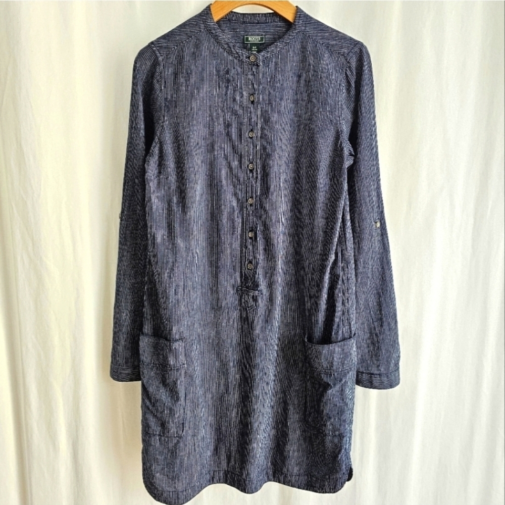 🇨🇦 Roots Navy Blue Stripe Hemp Shirt Dress - Picture 3 of 16